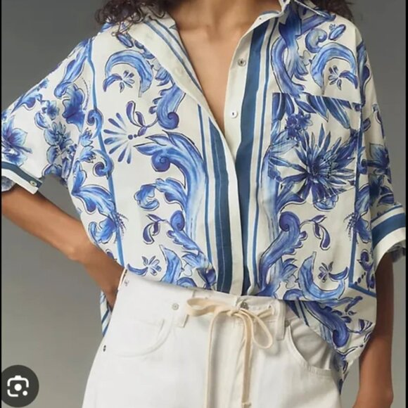 FARM Rio Blue and White Floral Button-Up Shirt - Picture 3 of 10